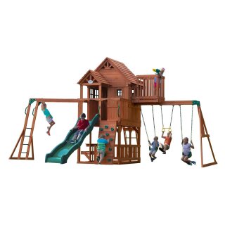Kinder-Klettergerüst Spielturm Skyfort II Holz mit Schaukel, Rutsche,